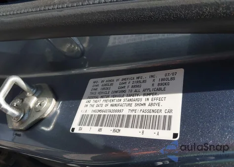 2007 Honda Accord 2.4 Lx from USA, damaged, VIN 1HGCM56407A206997